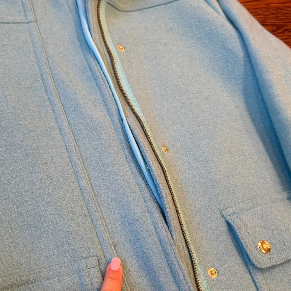 J. Crew Light Blue Hooded Puffer Coat with Faux Fur Trim - Picture 2 of 2